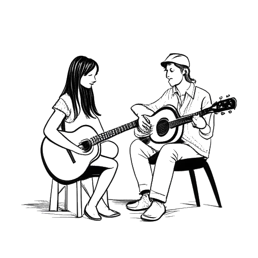 Desenho em arte linear de uma garota, representando Taylor Swift, aprendendo a tocar violão com um homem