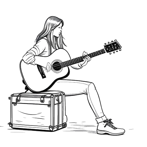 Dibujo de arte lineal de una adolescente, representando a Taylor Swift, mudándose a Tennessee con un estuche de guitarra