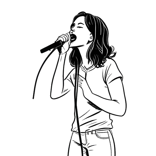 Desenho em arte linear de uma garota, representando Taylor Swift, segurando um microfone e se apresentando no palco