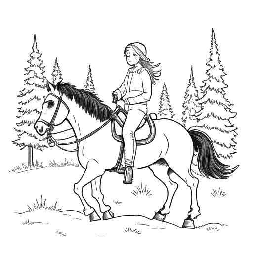 Desenho em arte linear de uma garota, representando Taylor Swift, cavalgando em uma fazenda de árvores de Natal