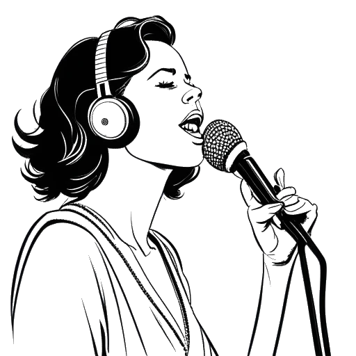 Line art drawing of a woman, representing Taylor Swift, holding a microphone and singing in a recording studio