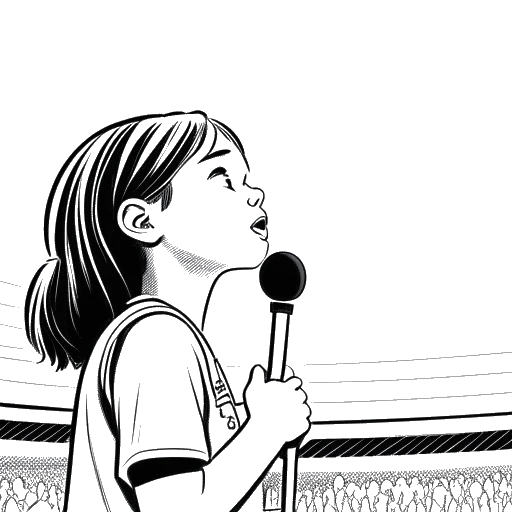 Line art drawing of a girl, representing Taylor Swift, singing the national anthem at a basketball game