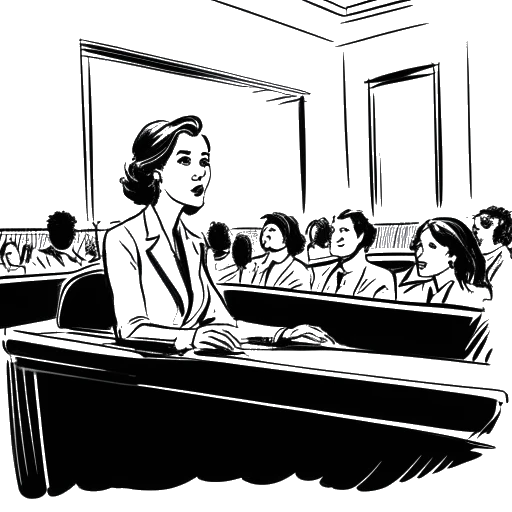 Line art drawing of a woman, representing Taylor Swift, testifying in a courtroom