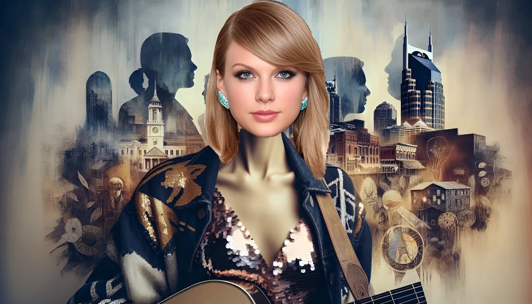 Taylor Swift, in posa con una chitarra, mostra una fusione di moda e stile country con lo skyline di Nashville, con elementi astratti della sua carriera musicale.