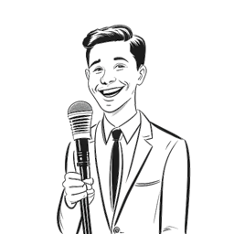 Strichzeichnung eines Mannes, der Rudi Carrell darstellt, mit kurzem Haar, der einen Anzug trägt, ein Mikrofon hält und lächelnd vor einem weißen Hintergrund steht.