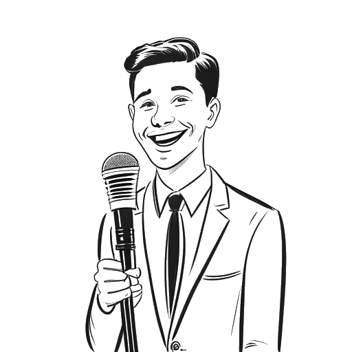 Strichzeichnung eines Mannes, der Rudi Carrell darstellt, mit kurzem Haar, der einen Anzug trägt, ein Mikrofon hält und lächelnd vor einem weißen Hintergrund steht.