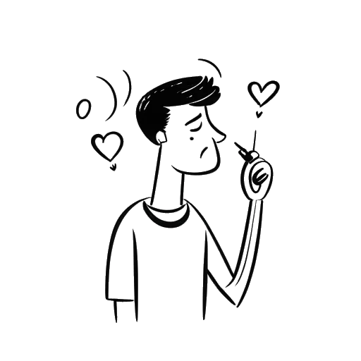Strichzeichnung eines traurigen Mannes mit Mikrofon und einer Gedankenblase mit einem gebrochenen Herzen, der Rudi Carrell darstellt, gegen einen weißen Hintergrund.