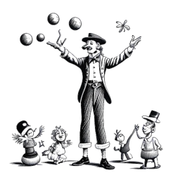Strichzeichnung eines Mannes als Clown gekleidet, der Rudi Carrell darstellt und verschiedene Gegenstände jongliert, während ein amüsiertes Publikum vor einem weißen Hintergrund zuschaut.