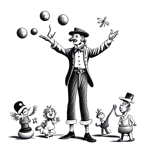 Strichzeichnung eines Mannes als Clown gekleidet, der Rudi Carrell darstellt und verschiedene Gegenstände jongliert, während ein amüsiertes Publikum vor einem weißen Hintergrund zuschaut.
