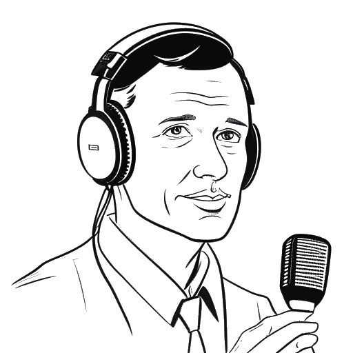 Strichzeichnung eines Mannes, der Rudi Carrell darstellt, der ein Headset trägt und in ein Mikrofon spricht, mit einem Filmrollen und einer europäischen Flagge im Hintergrund, was auf seine Rollen in mehreren Filmen und seine kurze Tätigkeit als Kommentator beim Eurovision Song Contest hinweist