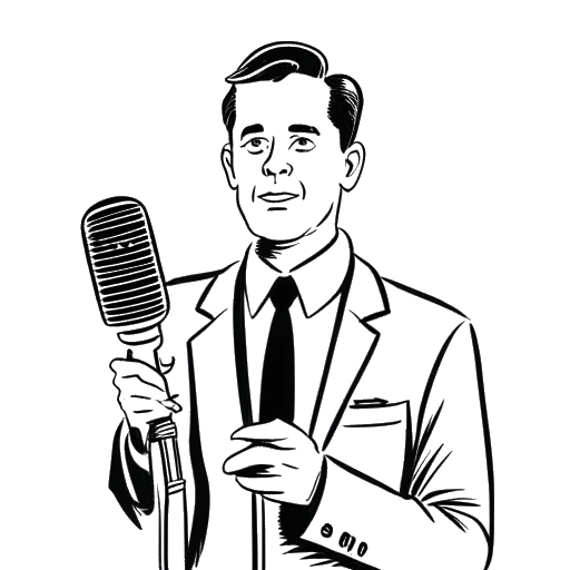 Strichzeichnung eines Mannes, der Rudi Carrell darstellt, der eine Zeitung und ein Mikrofon hält, mit einem Politiker im Hintergrund, was auf seinen Einstieg in politische Satire und aktuelle Themen in seiner Karriere hinweist