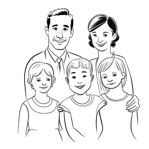 Strichzeichnung eines Mannes, der Rudi Carrell darstellt, mit drei Frauen und zwei Kindern, mit einem Ehering und einem Familienporträt im Hintergrund, was seine drei Ehen und zwei Töchter und einen Sohn darstellt