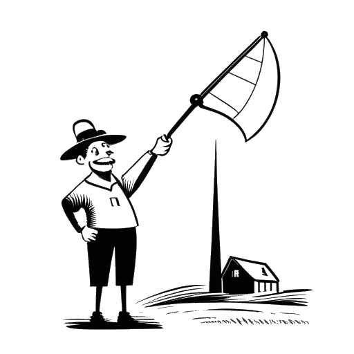 Strichzeichnung eines Mannes, der Rudi Carrell darstellt, der Notenblätter hält und in der Nähe einer Windmühle singt, mit einer niederländischen Flagge im Hintergrund, was auf seine Hit-Songs, darunter eine niederländische Version von 'A Windmill in Old Amsterdam', hinweist