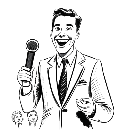 Strichzeichnung eines Mannes in seinen späten Zwanzigern, der Rudi Carrell darstellt, ein Mikrofon haltend und lächelnd, umgeben von Fans, was seinen Status als bekannten Namen in den Niederlanden darstellt
