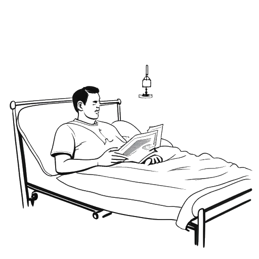 Strichzeichnung eines Mannes, der Rudi Carrell darstellt, der in einem Krankenhausbett liegt, mit einer medizinischen Karte und einem Lungenkrebsband im Hintergrund, was auf seine Diagnose mit Lungenkrebs im Jahr 2005 und seine fatalistische Haltung gegenüber seiner Gesundheit hinweist