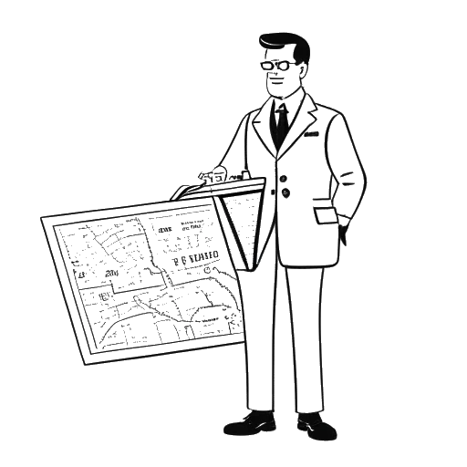 Strichzeichnung eines Mannes, der Rudi Carrell darstellt, der einen Koffer hält und vor einer Karte von Westdeutschland steht, mit einem Pin auf Bremen, was auf seinen Umzug und seine Niederlassung in Bremen im Jahr 1965 hinweist