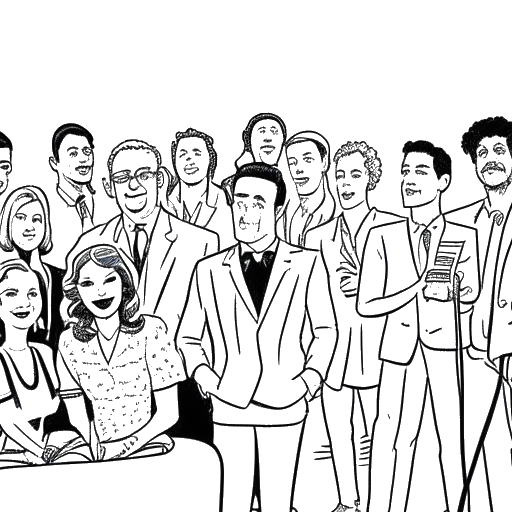 Strichzeichnung eines Mannes, der Rudi Carrell darstellt, der eine Fernsehshow moderiert, mit berühmten Popstars und Schauspielern im Hintergrund, was den großen Erfolg der Rudi Carrell Show in Deutschland darstellt
