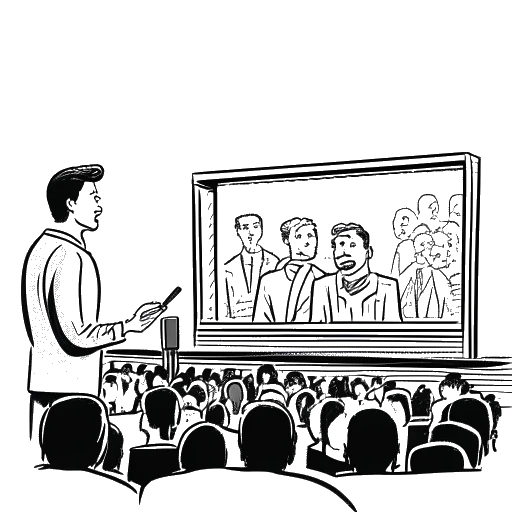 Strichzeichnung eines Mannes, der Rudi Carrell darstellt, der eine Fernsehsendung moderiert, mit einem großen Publikum und einer deutschen Flagge im Hintergrund, was die deutsche Rudi-Carrell-Show darstellt, die bis zu 20 Millionen Zuschauer anzog