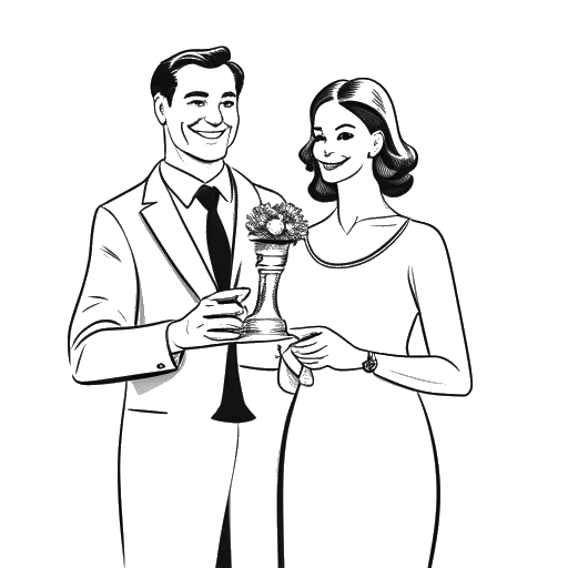Strichzeichnung eines Mannes und einer Frau, die Rudi Carrell und Esther Ofarim darstellen, die eine Silberne Rosen-Trophäe halten, mit einer Schweizer Flagge im Hintergrund, was ihren Sieg bei der Silbernen Rose von Montreux 1964 darstellt