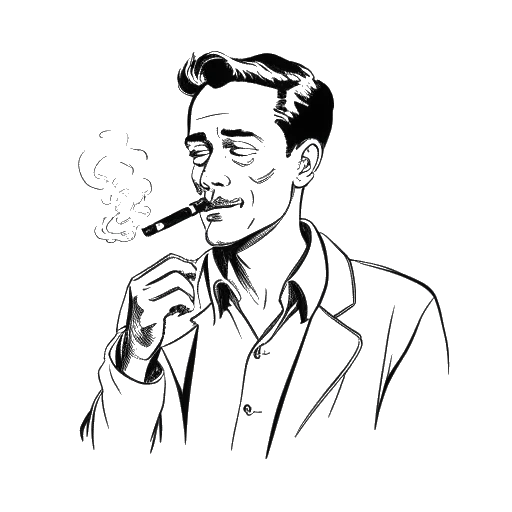Strichzeichnung eines Mannes, der Rudi Carrell darstellt, der raucht, mit drei Packungen Zigaretten im Hintergrund, was auf seine starke Rauchgewohnheit des täglichen Verzehrs von drei Packungen Zigaretten hinweist