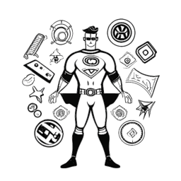 Line art of a man, representing Amrou Fudl, in a superhero pose with law enforcement badges and social media icons surrounding him, against a white backdrop.