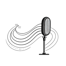 Line drawing of a microphone with sound waves, representing Myron Gaines's Fresh&Fit podcast, with a rising graph in the backdrop conveying its growing popularity, against a white background.