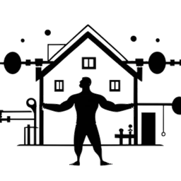Desenho de linha de um homem, simbolicamente representando Myron Gaines, levantando peso com símbolos de redes sociais e silhuetas de casas em cada lado, destacando sua influência no fitness e na administração de propriedades, contra um fundo branco.