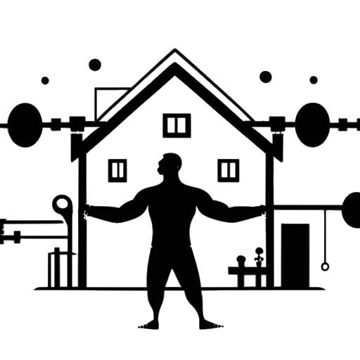 Dibujo lineal de un hombre, simbolizando a Myron Gaines, levantando pesas con símbolos de redes sociales y siluetas de casas a cada lado, resaltando su influencia en fitness y gestión de propiedades, contra un fondo blanco.