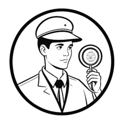 Line art drawing of a young man, symbolizing Myron Gaines, as a graduate with a badge and a magnifying glass, indicating his career progression from university to Homeland Security, against a white backdrop.