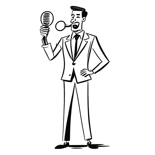 Desenho de linha de um homem, representando Myron Gaines, segurando um microfone e chaves de propriedade, exibindo uma físico musculoso. Simboliza diferentes fontes de renda de podcasting, imóveis e modelagem fitness em um fundo branco.