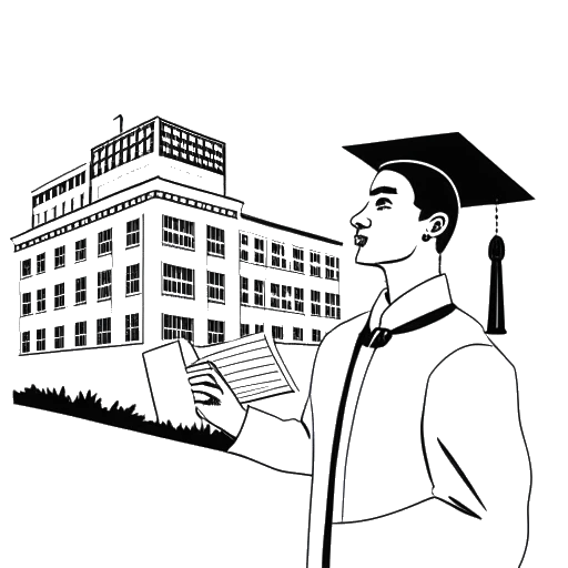 Lijntekening van een man, Myron Gaines voorstellend, gekleed in een afstudeerkap en toga, met een diploma in de hand, met de architectuur van de Northeastern University op de achtergrond.