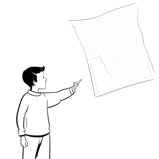 Desenho em arte linear de um homem, representando Myron Gaines, em pé na frente de um mapa de Connecticut, apontando para um local, com uma figura menor de um menino ao lado dele.