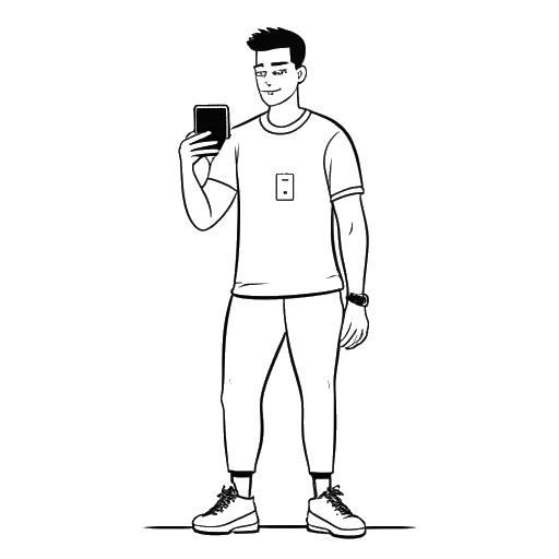 Desenho em arte linear de um homem, representando Myron Gaines, posando com roupas esportivas, com um smartphone exibindo a contagem de seguidores do Instagram.