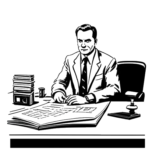 Desenho em arte linear de um homem, representando Myron Gaines, sentado em uma mesa com uma placa com o nome 'Homeland Security Investigations'.
