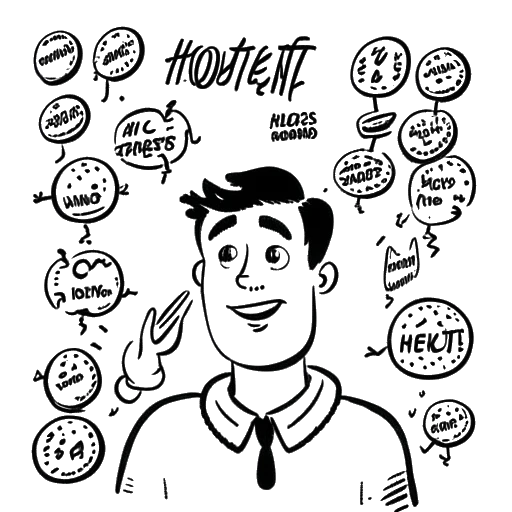 Dibujo de arte lineal de un hombre, representando a Myron Gaines, rodeado de globos de diálogo con las palabras 'honesto' y 'confiable' escritas en ellos.