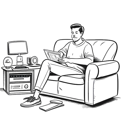 Desenho em arte linear de um homem, representando Myron Gaines, sentado em um sofá, segurando um controle remoto, com um rolo de filme e um microfone de podcast ao fundo.