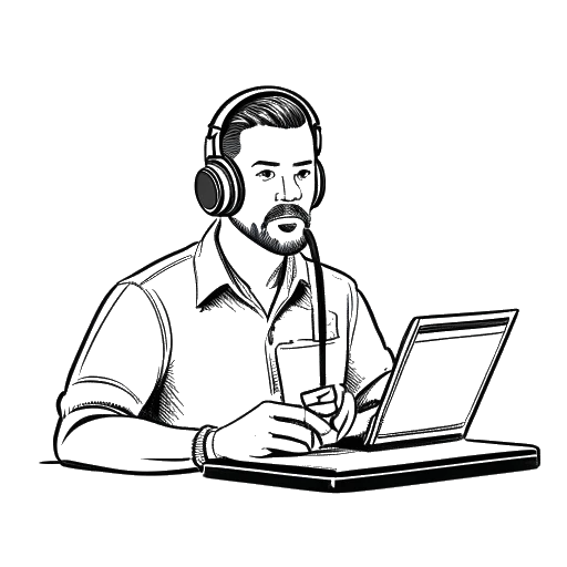 Dibujo de arte lineal de un hombre, representando a Myron Gaines, sosteniendo un cuaderno, con un micrófono de podcast y una placa de Seguridad Nacional en la mesa.
