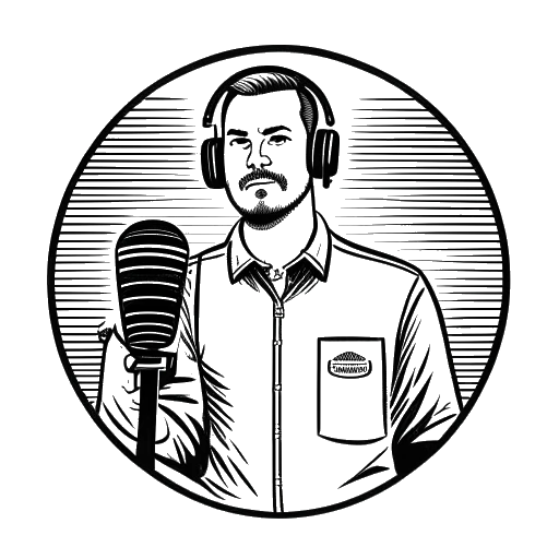 Desenho em arte linear de um homem, representando Myron Gaines, em pé na frente de um microfone de podcast, com um distintivo do Departamento de Segurança Interna no chão ao lado dele.
