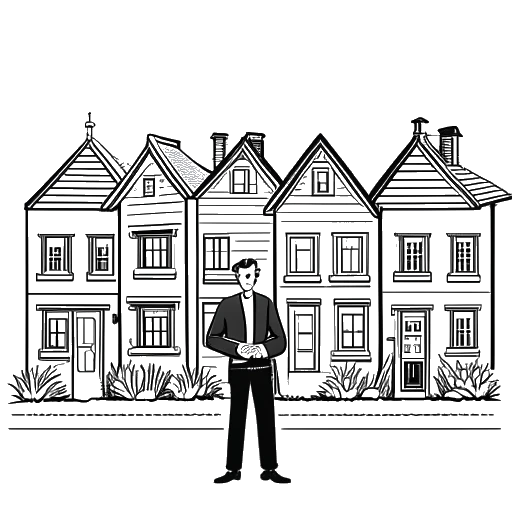 Line art drawing of a man, representing Myron Gaines, standing in front of a row of houses, holding a set of keys.