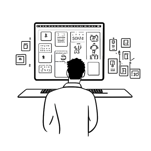 Desenho em arte linear de um homem, representando Myron Gaines, em pé na frente de uma tela de computador, com ícones de redes sociais e o número de seguidores exibidos.