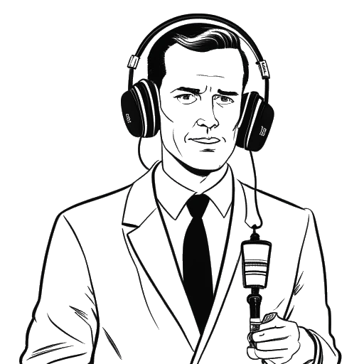 Desenho em arte linear de um homem, representando Myron Gaines, vestido como um agente especial, com um microfone de podcast e fones de ouvido na frente dele.