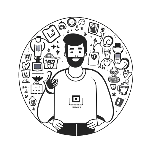 Dibujo de arte lineal de un hombre, representando a Myron Gaines, sosteniendo un premio de botón de reproducción de YouTube, rodeado de pequeños iconos de personas.