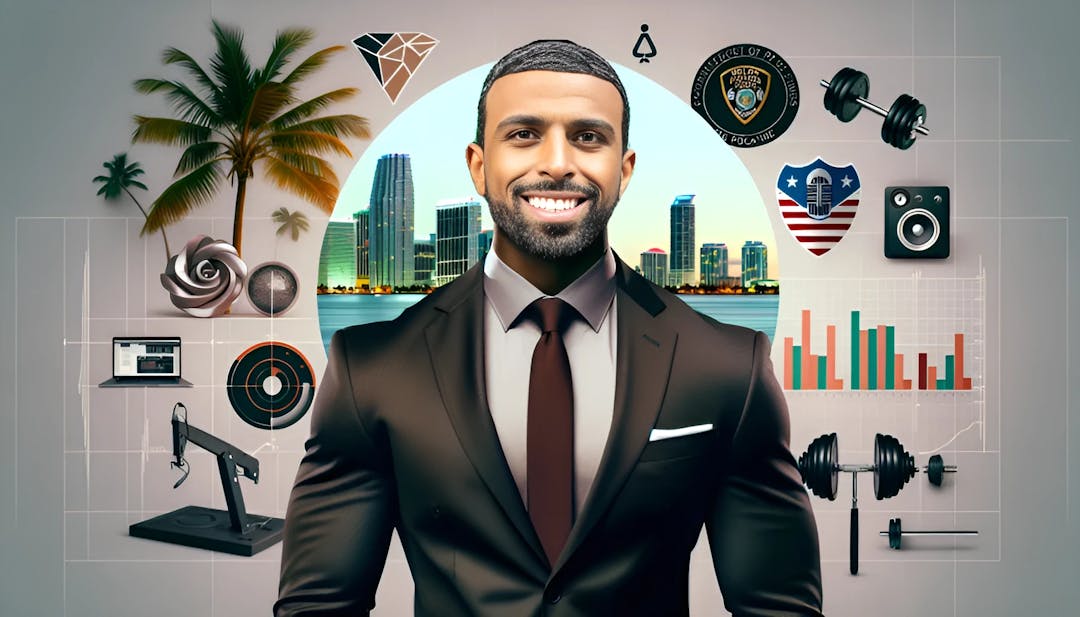 Myron Gaines, indossando un elegante completo, si erge con fiducia con uno scenario di Miami e attrezzature per podcast sullo sfondo, simboleggiando il suo percorso professionale diversificato