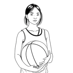 Line art drawing of a young girl, representing Miki Rai, holding a basketball.