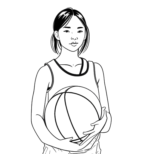 Desenho em arte linear de uma jovem, representando Miki Rai, segurando uma bola de basquete.