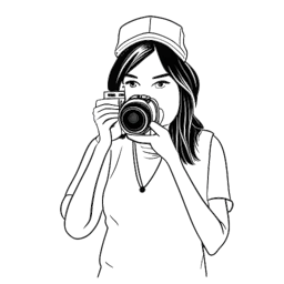 Dessin en traits d'une femme, représentant Miki Rai, tenant un appareil photo.