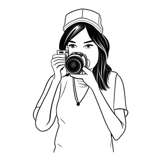 Desenho em arte linear de uma mulher, representando Miki Rai, segurando uma câmera.