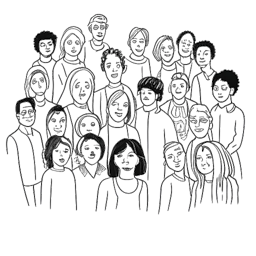 Line art drawing of a community of diverse people, representing Miki Rai's supportive online community.