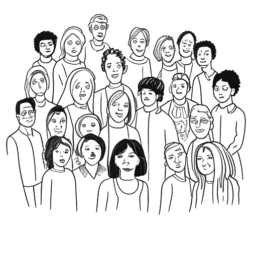 Desenho em arte linear de uma comunidade de pessoas diversas, representando a comunidade online de apoio de Miki Rai.