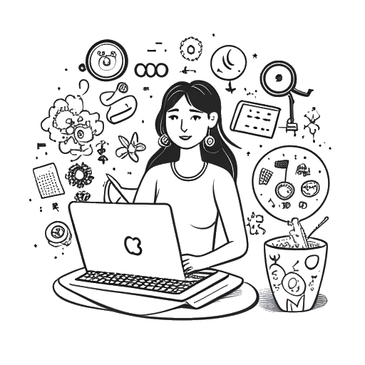 Desenho em arte linear de uma mulher representando Miki Rai, sentada em um laptop, cercada por cifrões e ícones de redes sociais, com um estetoscópio pendurado em seus ombros.